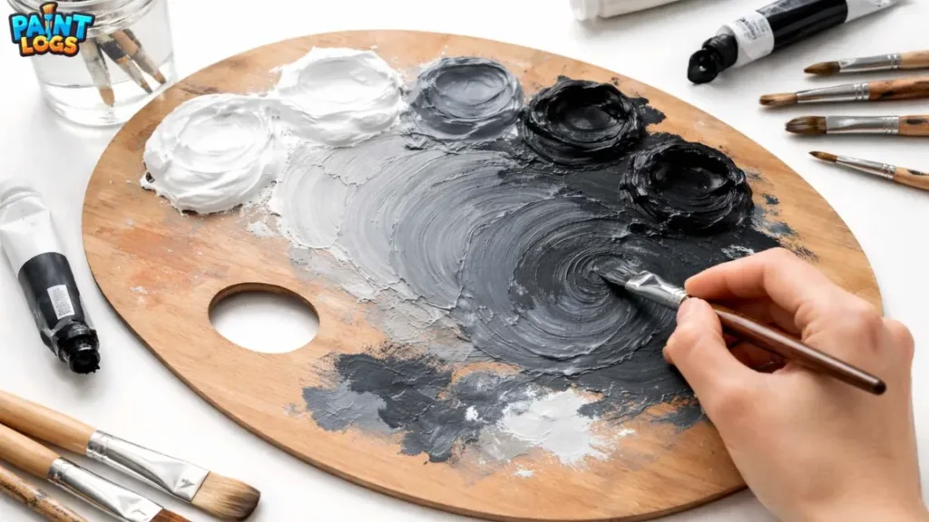 A wooden paint palette with tubes of black and white paint, with different shades of gray being mixed together