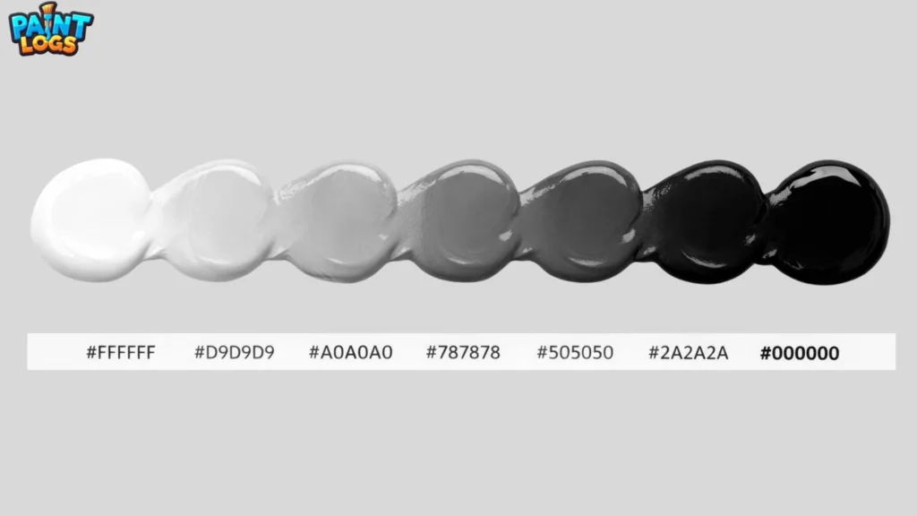 A palette of different gray shades, ranging from charcoal gray to light silver, demonstrating black and white mixtures