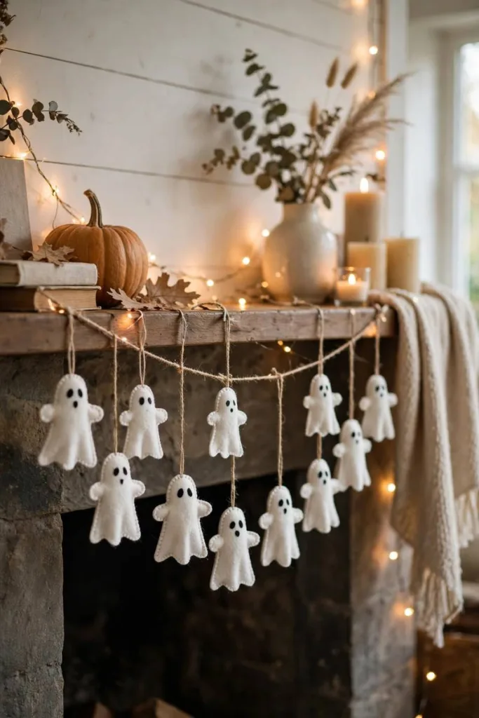 White felt ghost garland hanging on a mantel with warm fairy lights