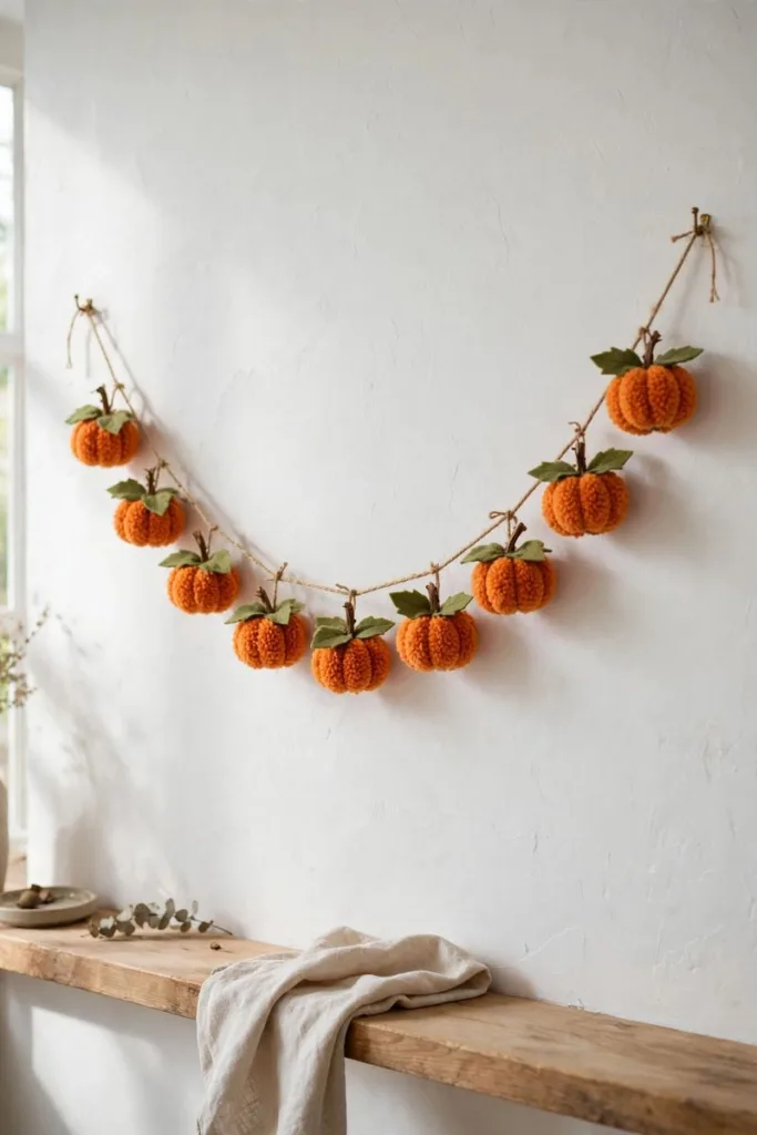 Orange pom-pom pumpkin garland with green felt leaves on a white wall