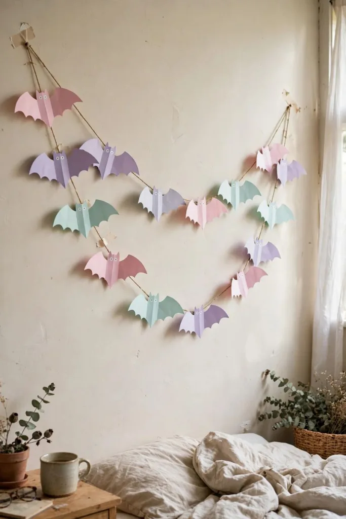 Pastel bat garland in pink, lilac and mint on a bedroom wall