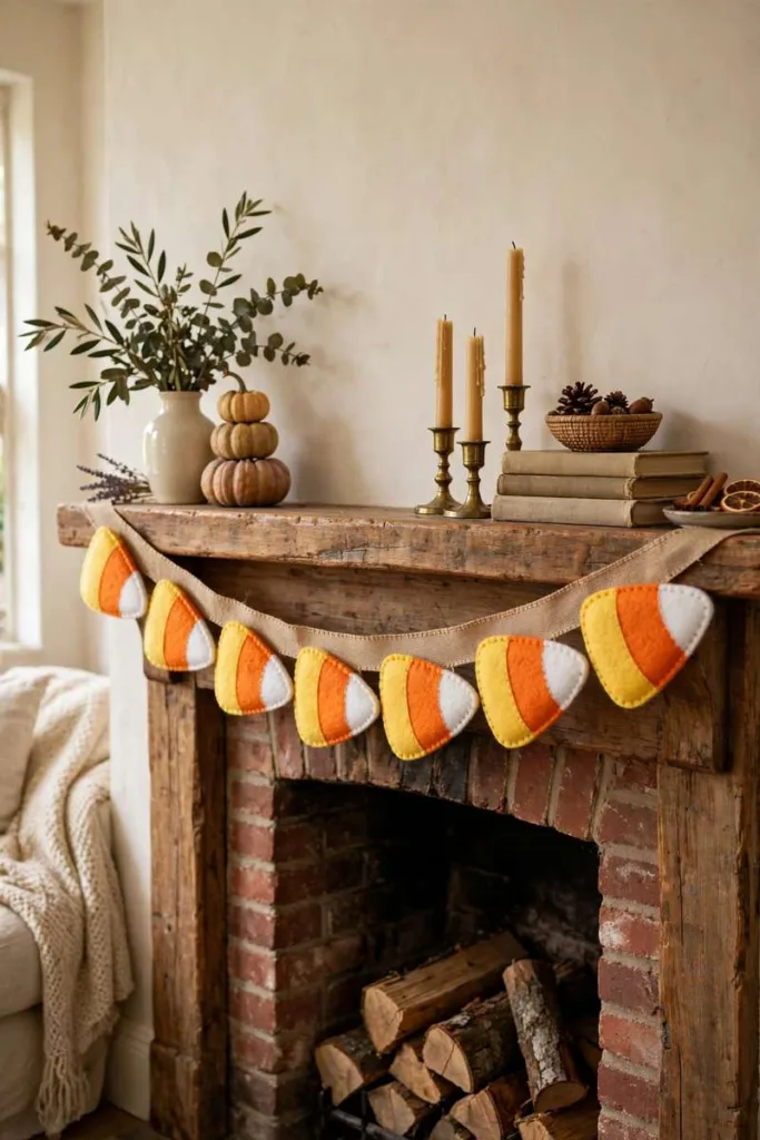 Felt candy corn garland in yellow, orange and white on a fireplace mantel