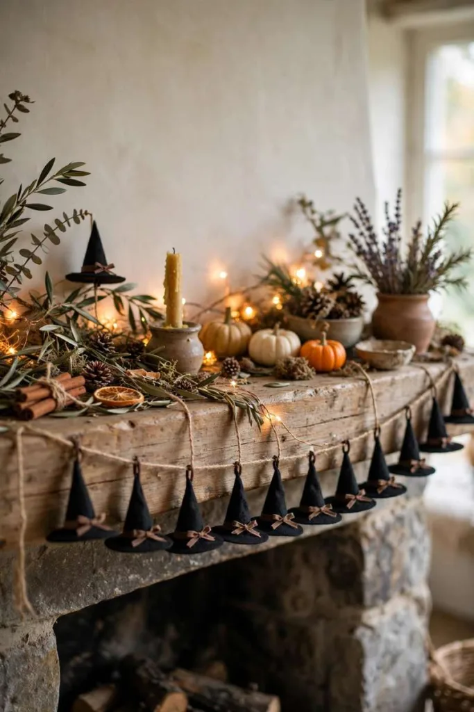 Tiny black witch hat garland hanging on a mantel with fairy lights