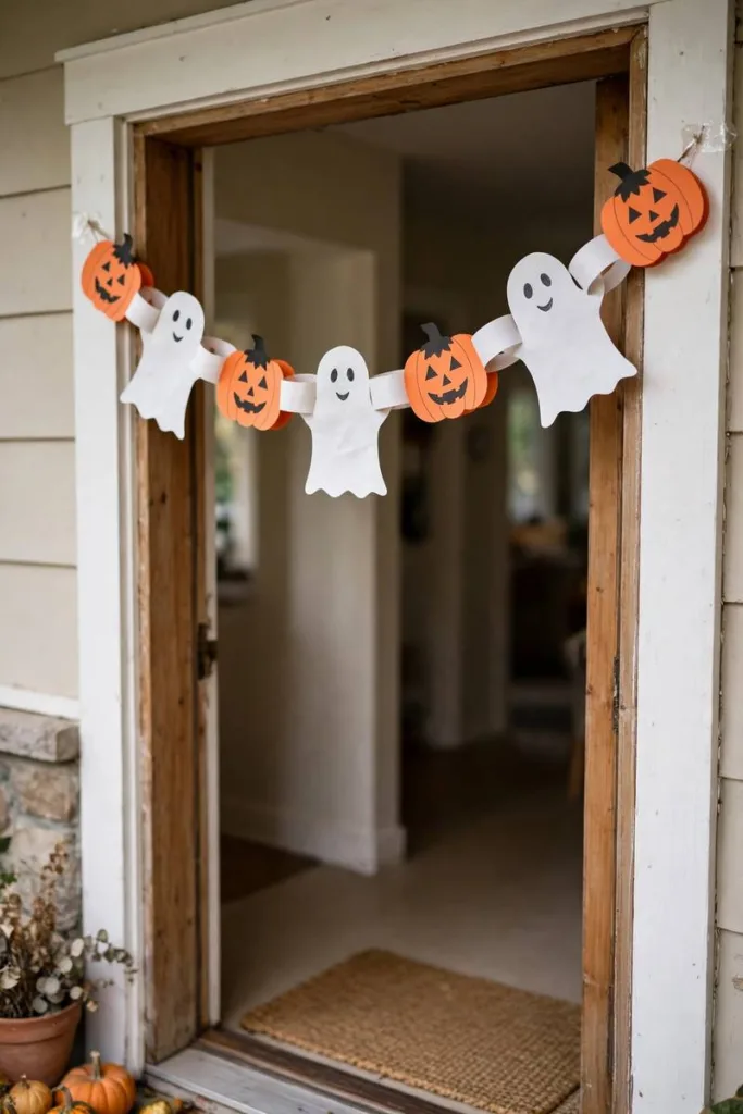 Ghost and pumpkin paper chain garland across a doorway
