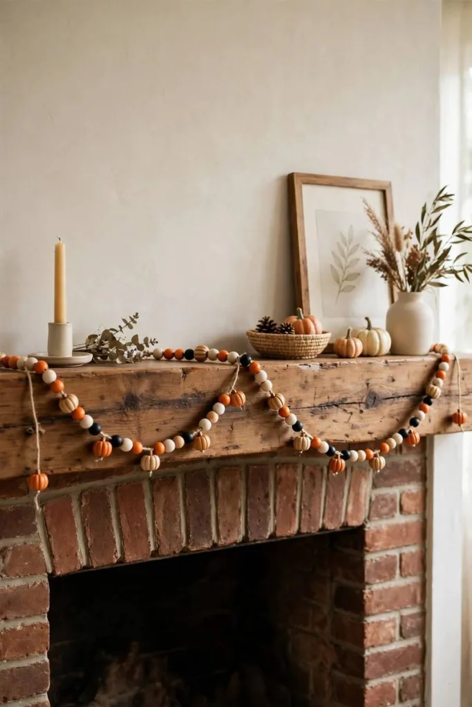 Wooden bead pumpkin garland in orange, cream and black on a mantel
