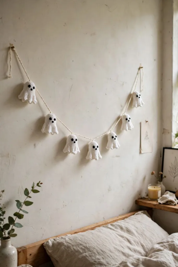 White crochet ghost garland with black bead eyes on a bedroom wall