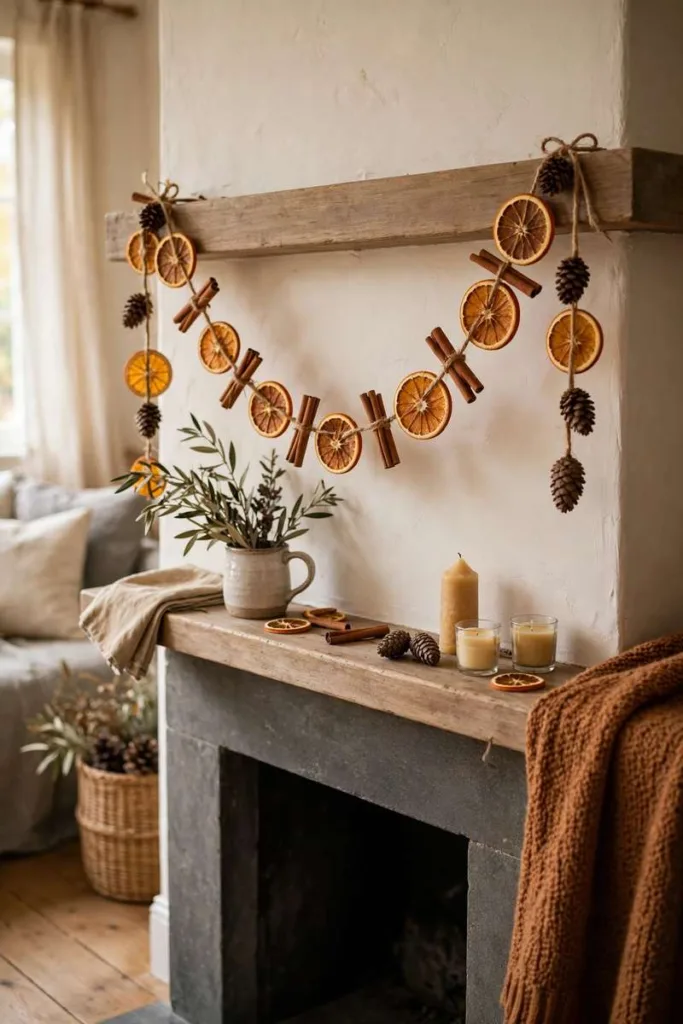 Dried orange and cinnamon garland with pinecones on a mantel