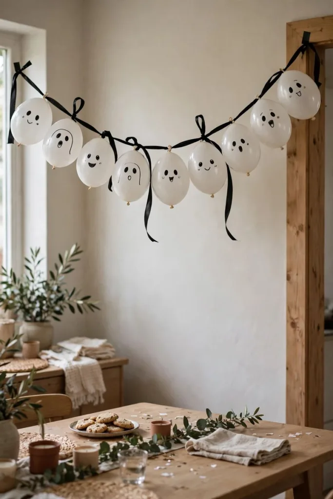 White balloon ghost garland with cute faces strung with black ribbon