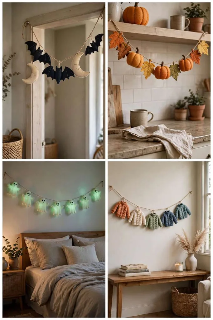 Collage of Halloween garlands: felt bats and moons, pumpkin and leaf, glow-in-the-dark ghosts and miniature sweaters