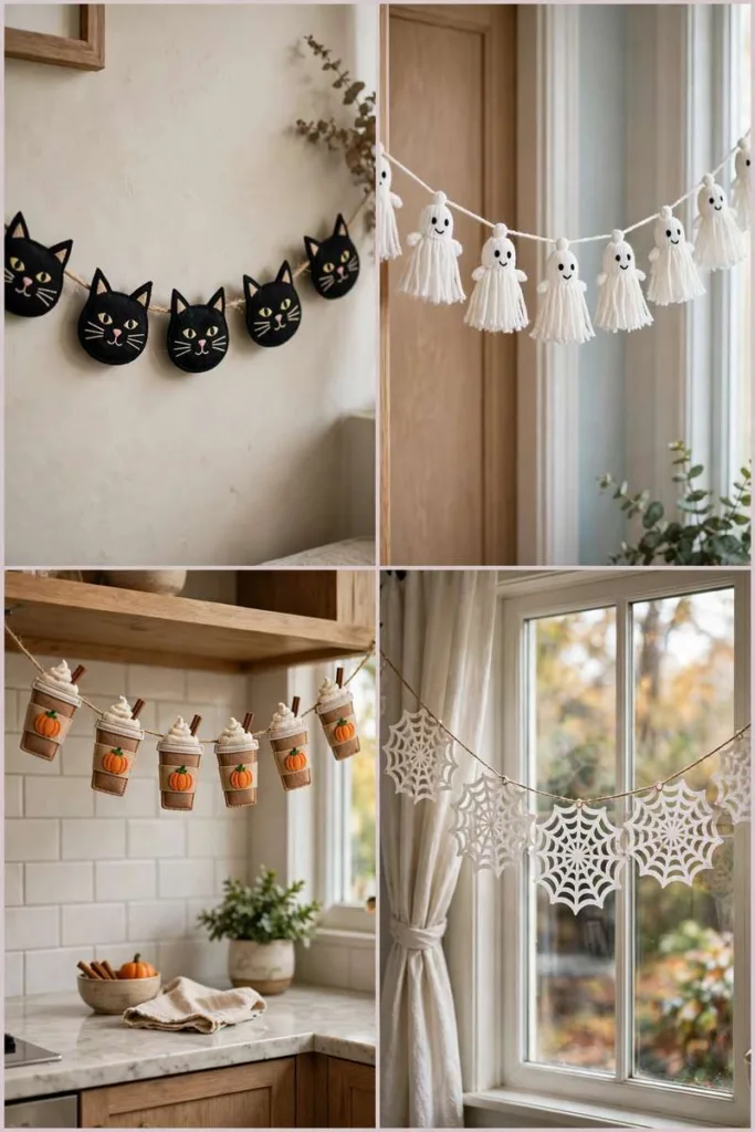 Collage of Halloween garlands: black cat faces, tassel ghosts, pumpkin spice latte cups and spider web doilies