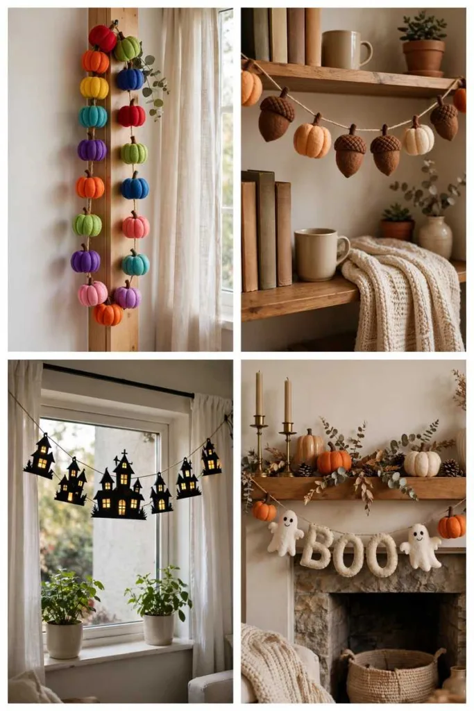 Collage of Halloween garlands: rainbow pumpkins, acorn and pumpkin, haunted houses and Boo letters