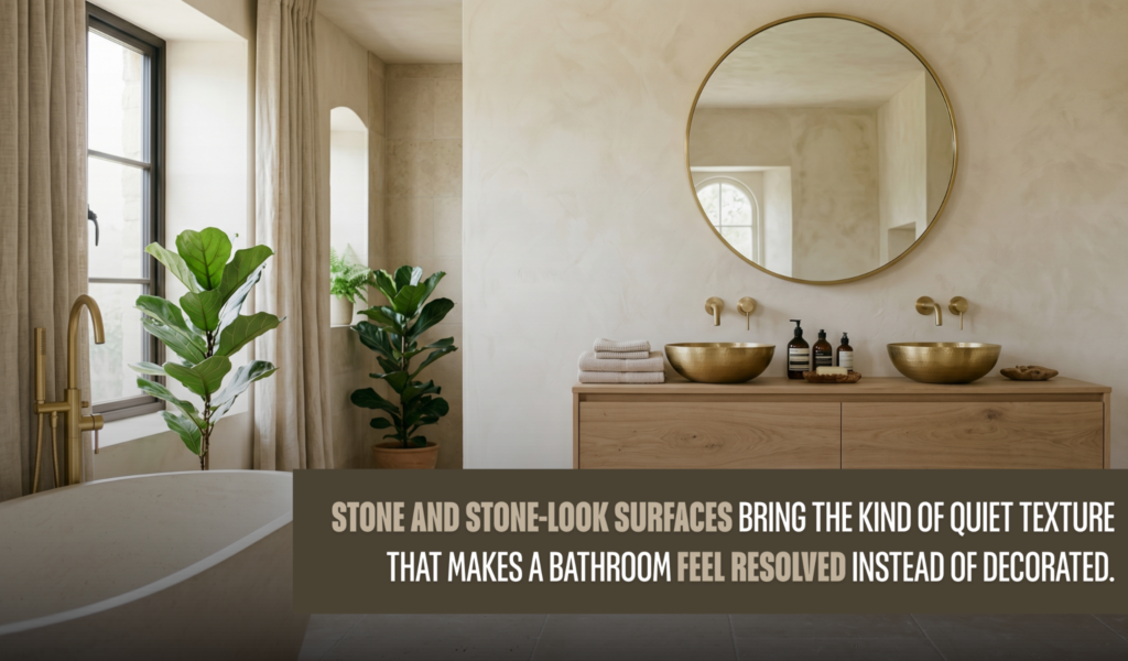 Use natural limestone or lookalike tile to ground a bathroom