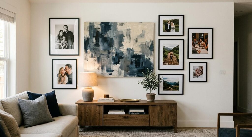 Mixing custom-painted pieces with personal photographs creates a gallery wall 