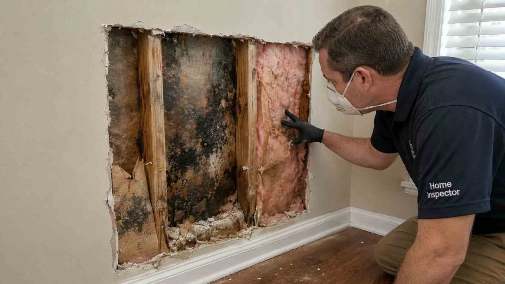 Hidden water damage and mold growth inside a residential wall