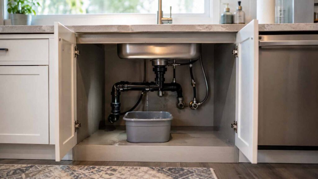 Small water leak under kitchen sink causing hidden household damage