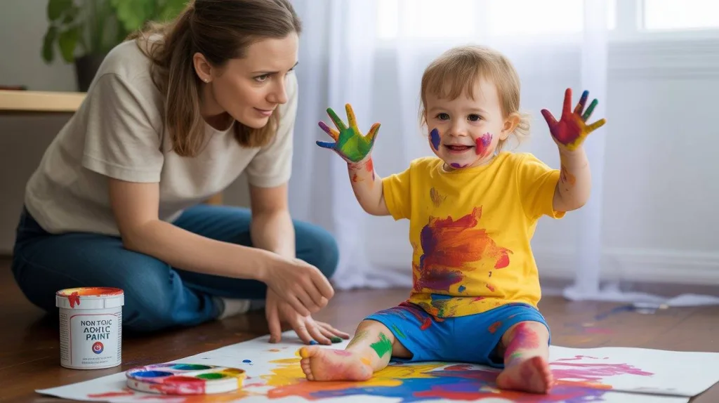 Compressed image Are Acrylic Paints Safe for Kids and Toddlers? Toddler playing with acrylic paints