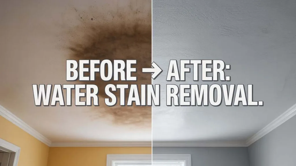 Before and after image showing removal of brown water stains from ceiling to a freshly painted white surface.