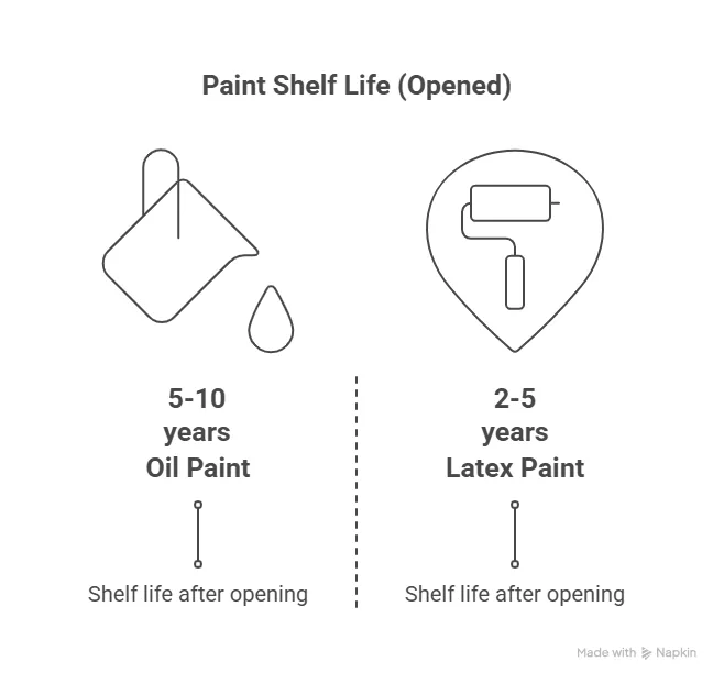 Infographic comparing latex and oil paint shelf life showing unopened and opened durations.