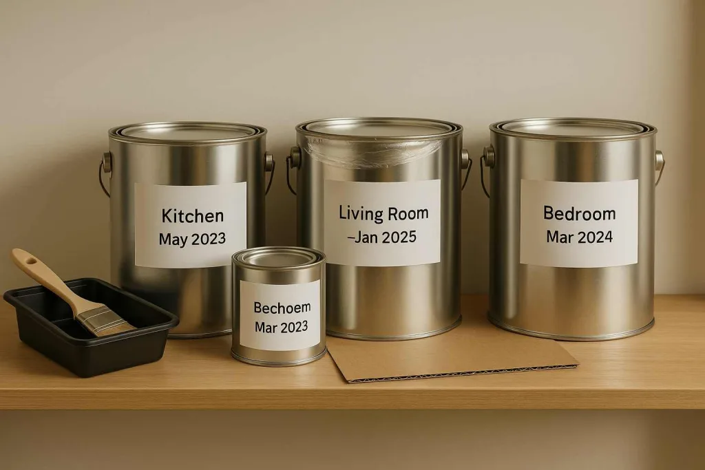 Properly stored paint cans labeled by room and date on an indoor shelf with brush, tray, and cardboard underneath.
