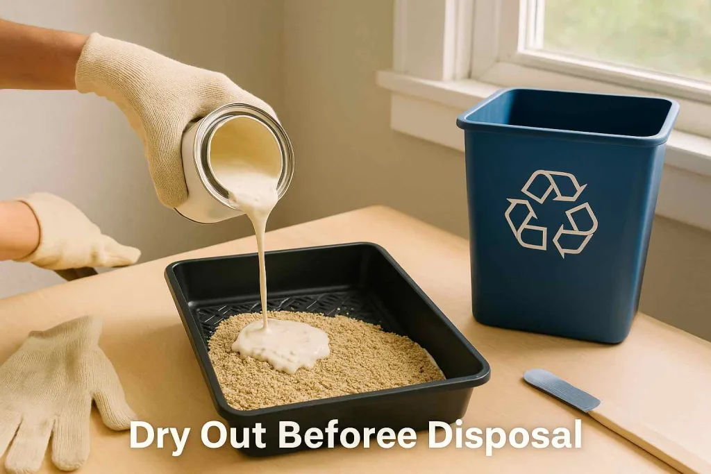 Person pouring leftover latex paint mixed with cat litter into a tray beside a recycling bin labeled Dry Out Before Disposal.