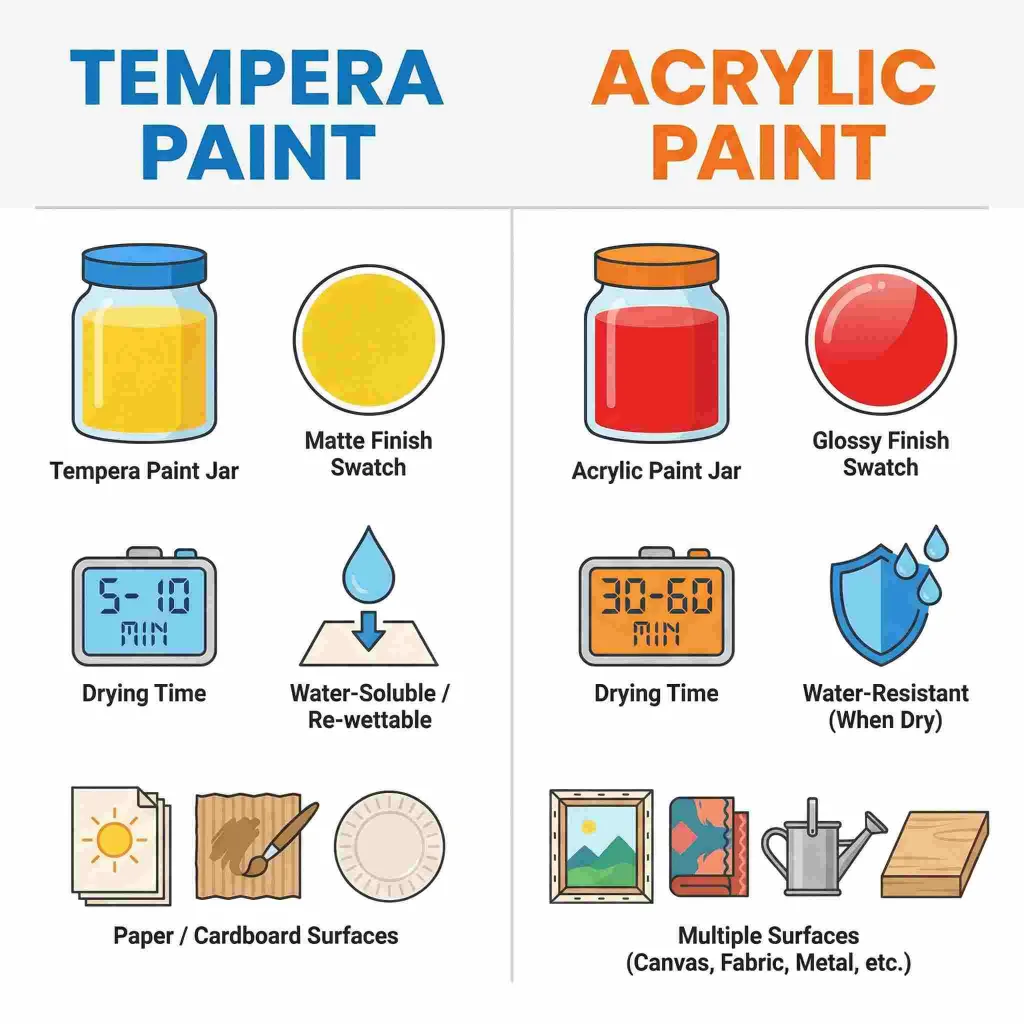 Acrylic Paint vs Tempera Paint Drying Time, Finish, and Durability