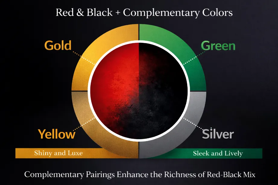Complementary colors for red and black, showing how gold, green, silver, and yellow enhance the richness of red and black mixes.
