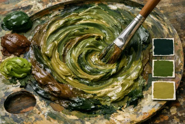 Green and brown paint mixing, creating earthy tones like olive and khaki. Green and brown make muted, earthy shades.