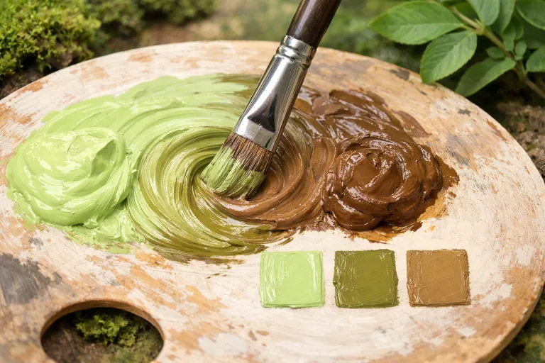 Light green and brown blending into an olive hue. Green and brown make muted olive tones.