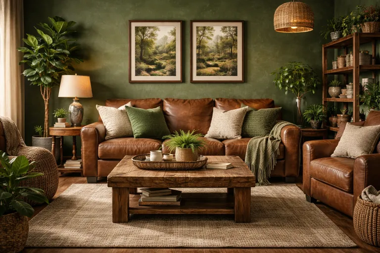 Living room with green walls and brown furniture. Green and brown make calm, earthy designs