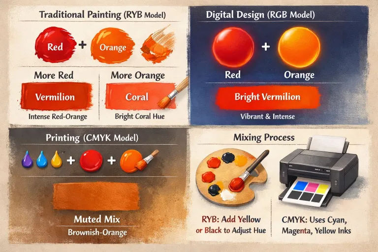 Red and Orange in Paint RYB, RGB and CMYK