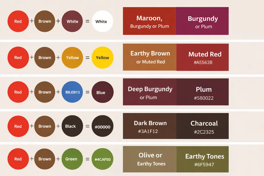 Red and brown make new shades when mixed with white, yellow, blue, black, and green.