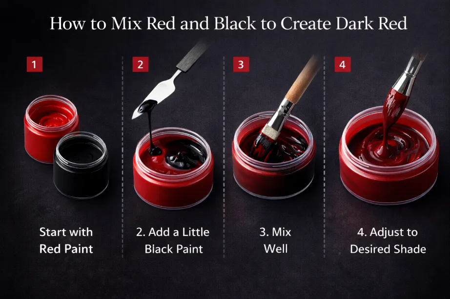Step-by-step guide on how to mix red and black paint to create dark red shades, including maroon and burgundy