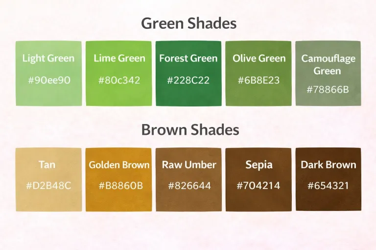 Swatches of green and brown showing various earthy shades. Green and brown make natural, grounded colors