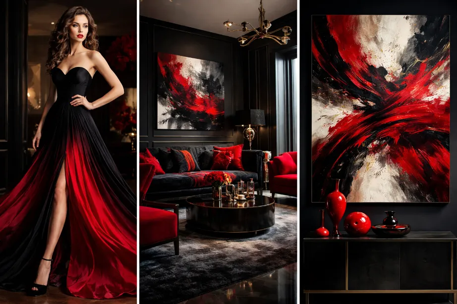 Red and black used in art and fashion, showcasing dramatic contrasts with red and black dresses, living rooms, and artwork.