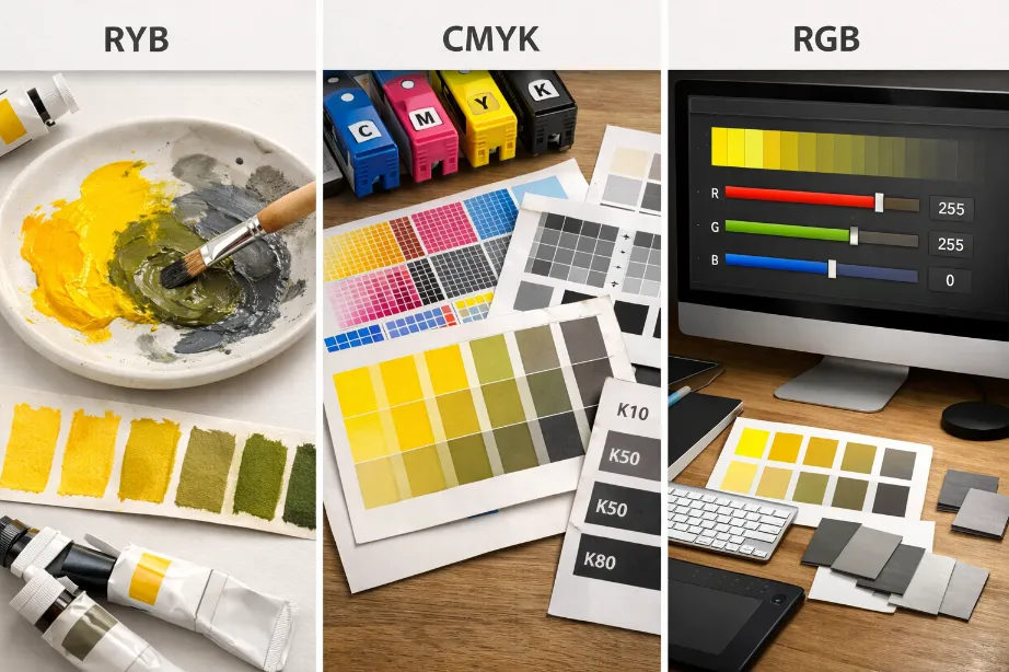 Yellow and Gray in Paint RYB, CMYK & Digital Color Models