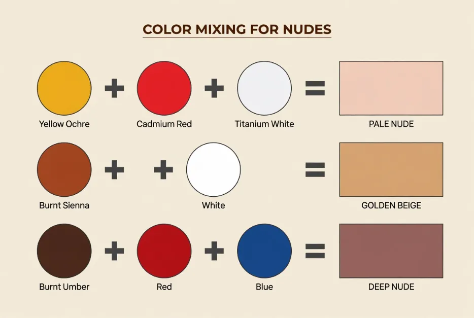 color mixing for nudes — yellow ochre cadmium red and burnt sienna mixing recipes