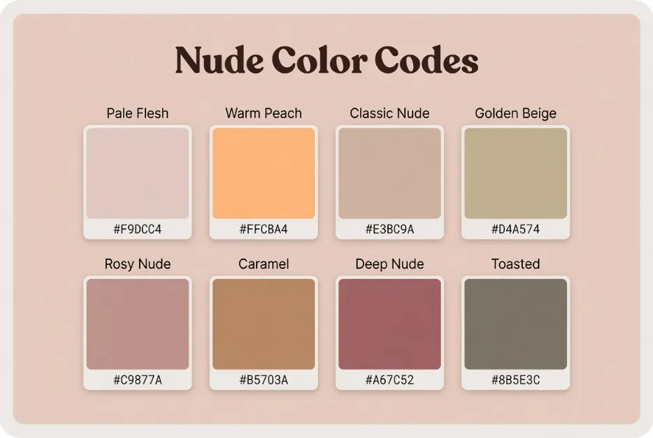 Nude color codes hex chart — 8 shades from pale flesh to toasted brown