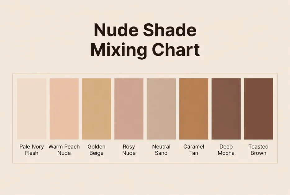 Nude shade mixing chart — pale ivory to toasted brown skin tone paint swatches