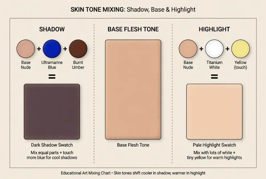 skin tone mixing chart showing shadow base and highlight flesh tone formulas