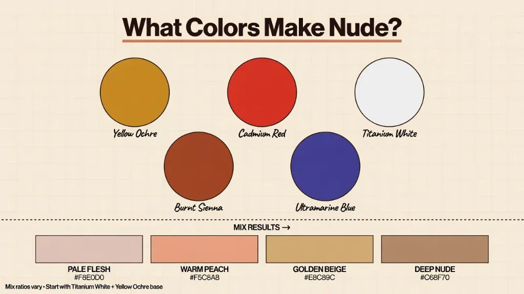 What colors make nude, yellow ochre cadmium red burnt sienna and ultramarine blue palette with mix results