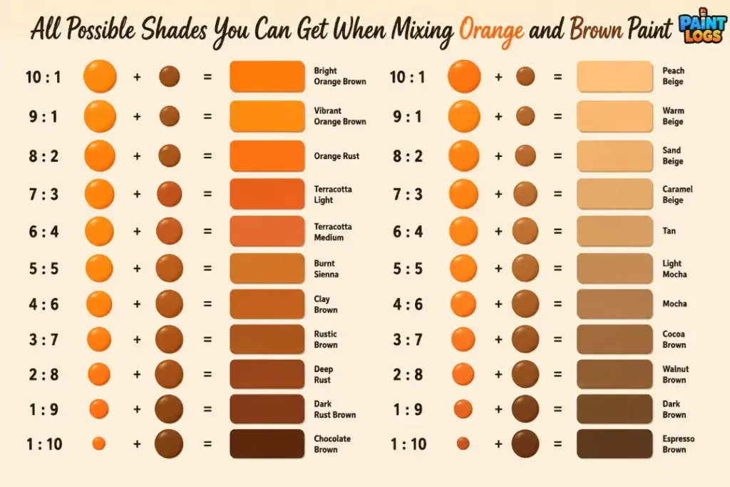 The orange and brown make different shades from dark brown to light and dark orange to light  