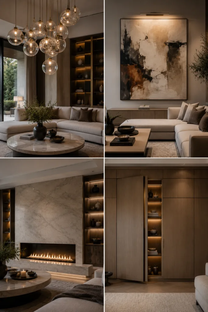11. Incorporate Sculptural Lighting Fixtures 12. Display Large-Scale Artwork 13. Add A Modern Fireplace Feature 14. Use Hidden Storage Solutions