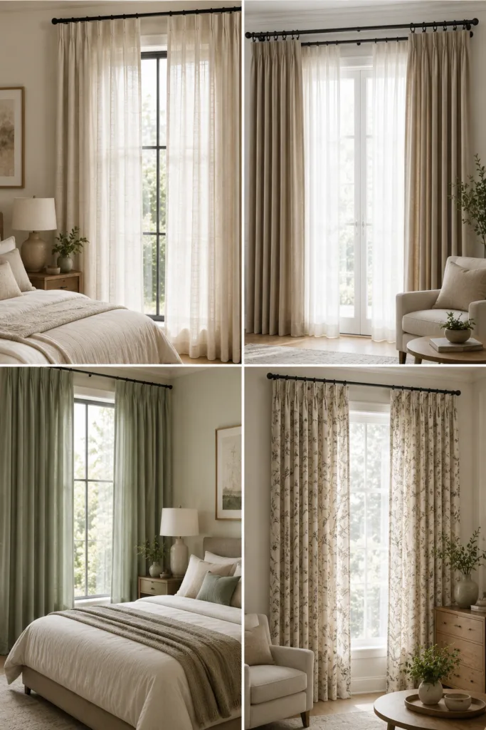 11. Neutral Curtains With Subtle Texture 12. Double Curtain Rod Systems 13. Soft Green Curtains 14. Patterned Curtains In Neutral Colors