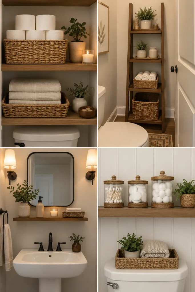 11. Stack Extra Toilet Paper Beautifully 12. Use A Narrow Ladder Shelf 13. Add A Shelf Above The Sink 14. Use Matching Containers