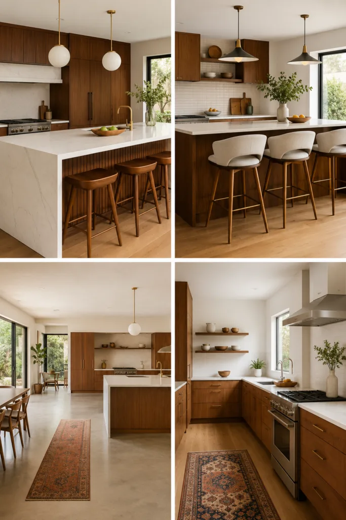 11. Use A Waterfall Island With Wood Details 12. Add Bar Stools With Tapered Legs 13. Keep The Layout Open And Easy 14. Mix Wood With White Walls