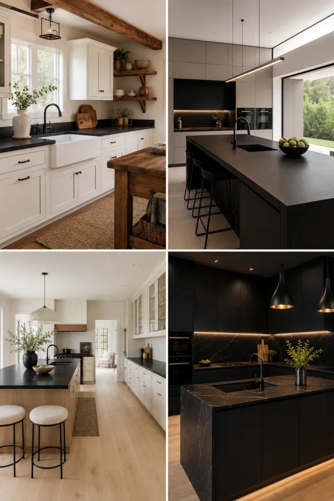 11. Use Black Countertops In A Farmhouse Kitchen 12. Add Black Countertops To A Modern Kitchen 13. Create Contrast With Light Flooring 14. Use Black Countertops With A Matching Backsplash