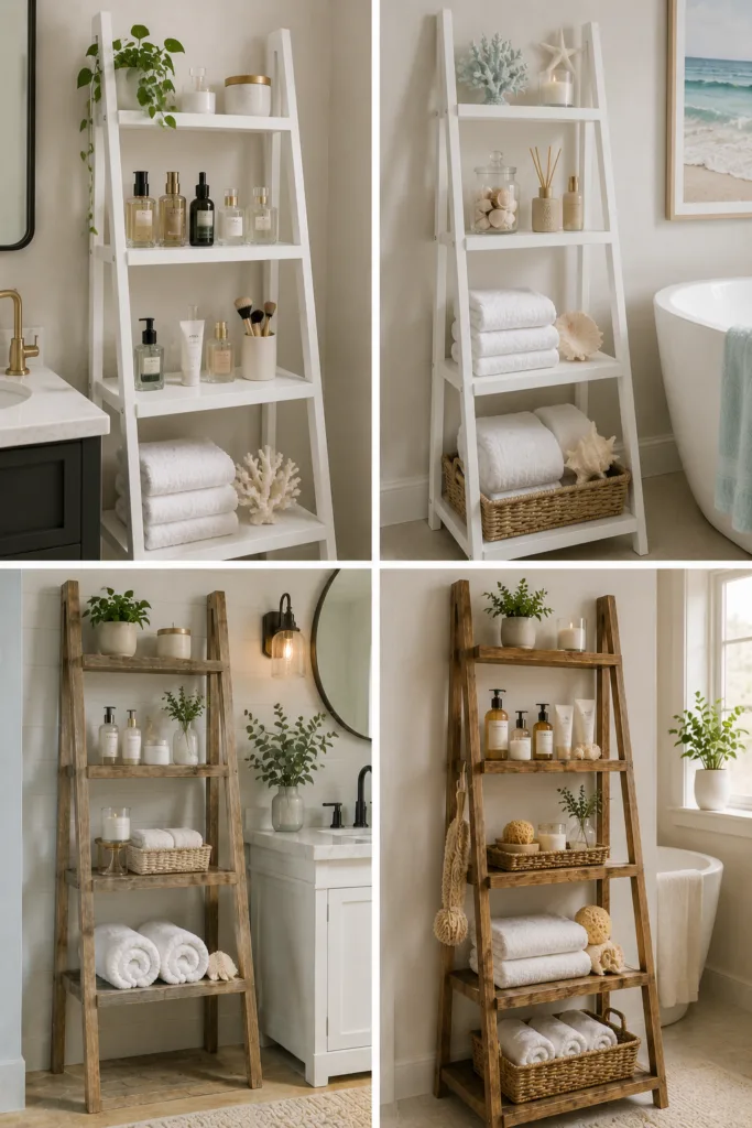 15. Display Perfume And Skincare Bottles 16. Use A White Ladder Shelf For A Clean Look 17. Add Coastal Decor Details 18. Try A Rustic Wooden Ladder Shelf