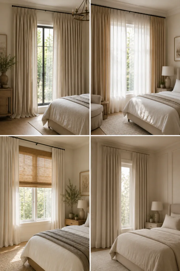 15. Full-Length Curtains That Touch The Floor 16. Beige And White Layered Curtains 17. Natural Bamboo Roman Shades With Curtains 18. Curtains Matching The Wall Color