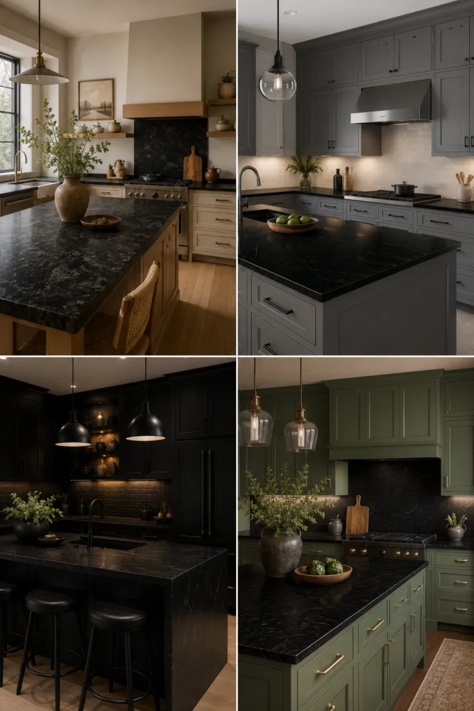 15. Try Black Granite For A Natural Look 16. Use Black Countertops With Gray Cabinets 17. Add Black Countertops To An All-Black Kitchen 18. Use Black Countertops With Green Cabinets