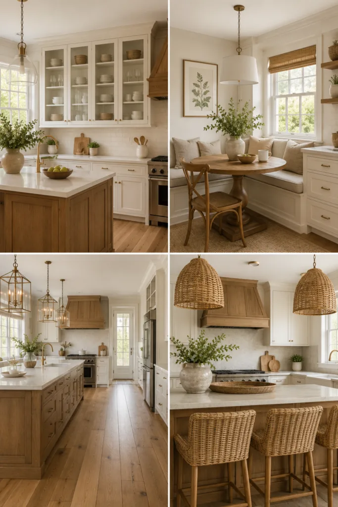 15. Use Glass Cabinet Door 16. Add A Cozy Breakfast Nook 17. Use Wide Plank Flooring 18. Add Woven Textures